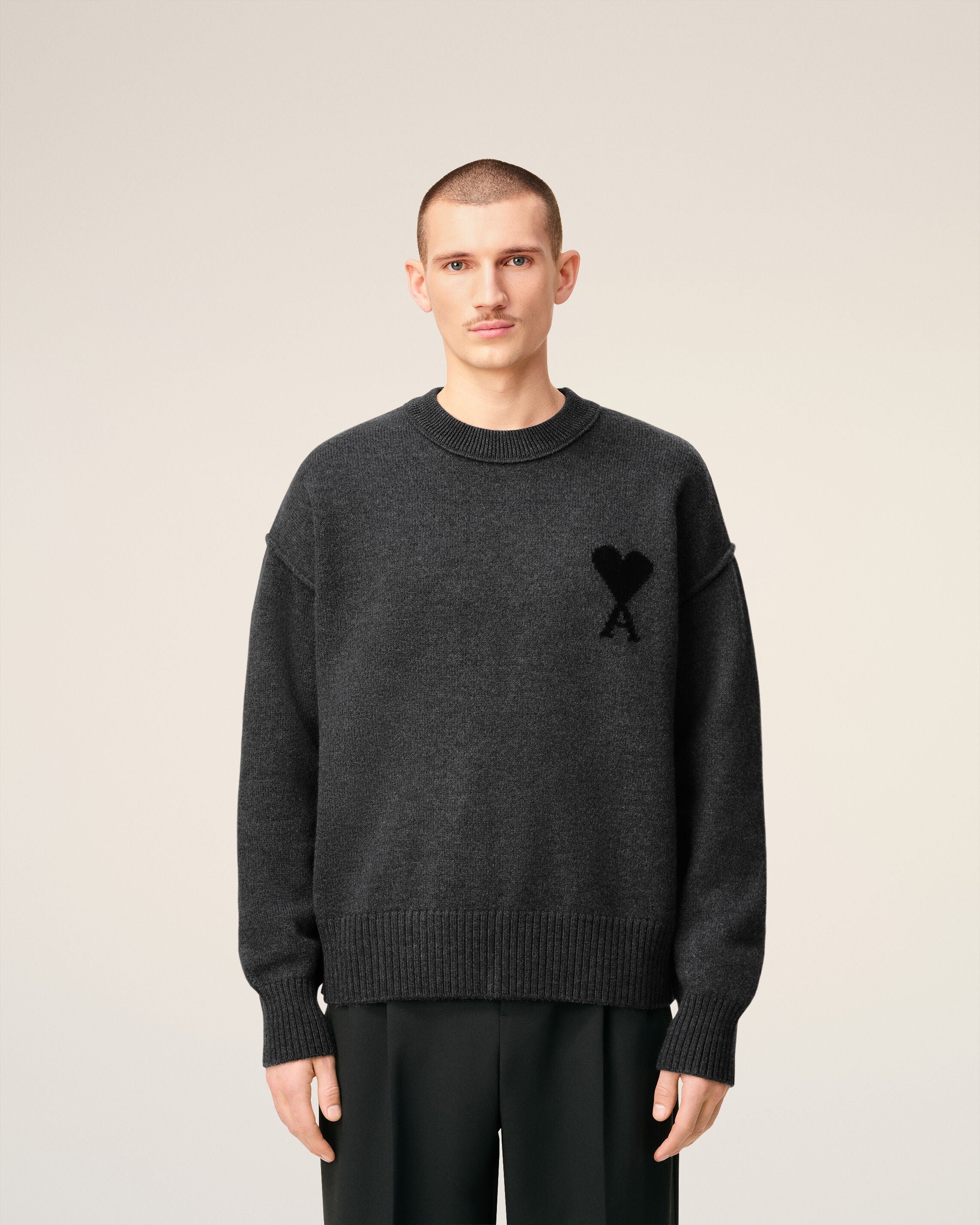 Pull Gris Col Rond Ami De Coeur En Laine