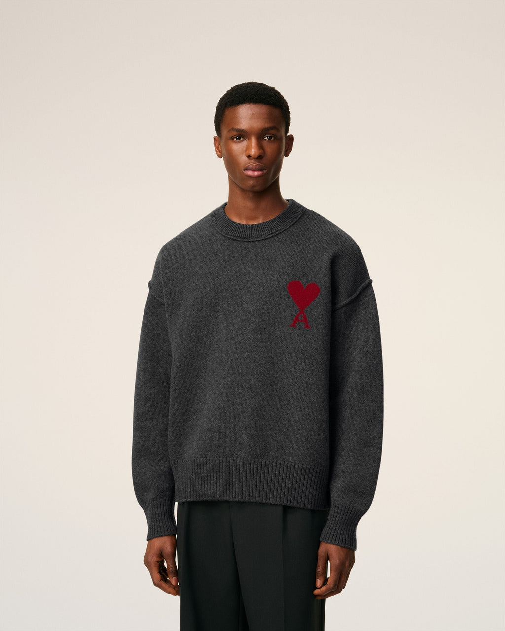 Pull Gris Col Rond Ami De Coeur En Laine