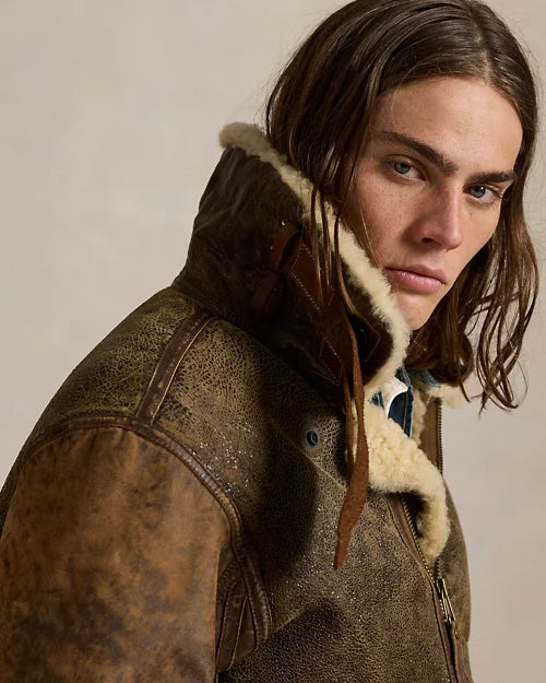 Bomber en peau lainée et cuir